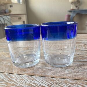 💙2 Handmade Mexican Glasses Blue Rim💙
